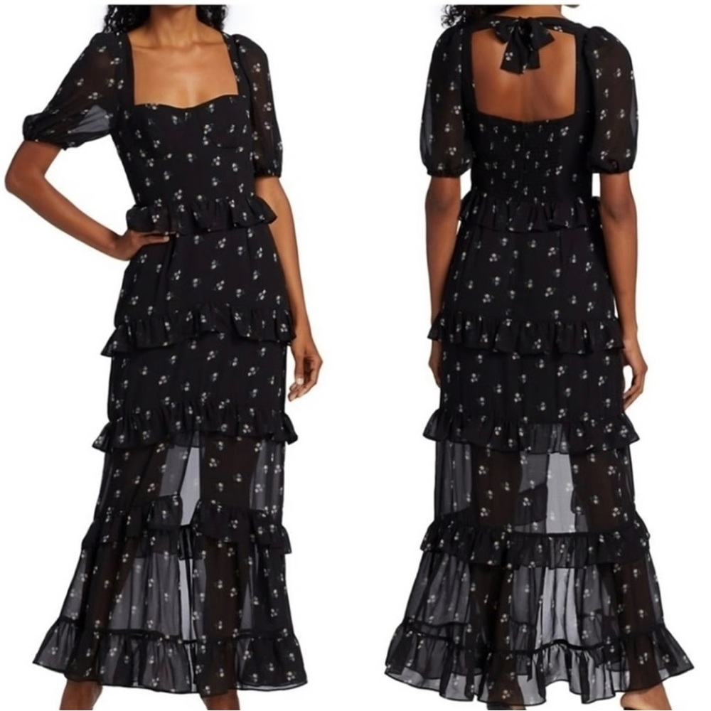Wayf Black Floral CiCi Bustier Tier Back Tie Neck Maxi‎ Dress Size Medium